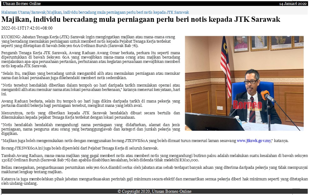 Majikan, individu bercadang mula perniagaan perlu beri notis kepada JTK Sarawak